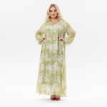 Платье длинное из шифона, мятное, принт "лилии"