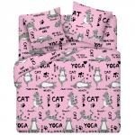 *КПБ 'Традиция' 1,5 спальный, поплин, 100% хлопок, пл. 118 гр./кв.м., 'Йога Кошки розовый основа' Пододеяльник 146*217, простыня 150*217, наволочка 70*70 (2 шт.)
