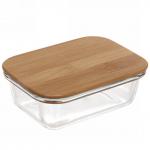 Контейнер стеклянный 400мл Хай-Тек прямоугольный с бамбуковой крышкой
