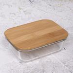 Контейнер стеклянный 400мл Хай-Тек прямоугольный с бамбуковой крышкой