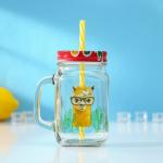 Банка с крышкой и трубочкой Доляна «Лама», 450 мл, 10?7.5?13 см, стекло, прозрачная, разноцветная