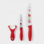 Набор кухонных принадлежностей Доляна «Нарцисс», 3 предмета: 2 ножа с антиналипающим покрытием, лезвие 12 см, овощечистка, 20?4 см, красный
