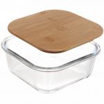 Контейнер стеклянный 700мл Хай-Тек квадратный с бамбуковой крышкой