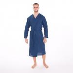 Халат вафельный запашной мужской, размер 52, хлопок 100%, синий