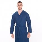 Халат вафельный запашной мужской, размер 52, хлопок 100%, синий