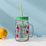 Банка с трубочкой Доляна «Счастливый день», 450 мл, 10.5?7.5?13 см, стекло, МИКС