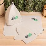 Набор для бани с вышивкой «С лёгким паром! Веник», 3 предмета: шапка, коврик, рукавица, шерсть 30%, полиэфир 70%, светлый, «Добропаровъ»