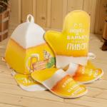 Набор для бани с принтом «Пиво», 4 предмета: шапка, рукавица, тапочки, коврик, войлок, жёлтый, «Банная забава»