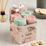 Салфетки махровые «Этель. Маме», 30?30 см, 4 шт., 100% хлопок, 340 г/м?, зелёные/розовые