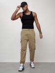 Джинсы карго мужские с накладными карманами бежевого цвета 2422B
