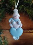 FM Елочное украшение Малыш снеговик с сердцами. Цвет голубой 12х5,5х1,5 см.