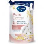 AURA 850мл Pure Cotton Крем-мыло 2в1 для рук и тела Хлопок и овсяное молочко дой-пак КК/6