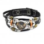 Браслет 3 в 1 из кожи с янтарем круг 18мм цв.коньячный, черный, 18см