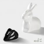 Набор фарфоровый для специй на бамбуковой подставке BellaTenero «Зайцы», 3 предмета: солонка 50 мл, перечница 20 мл, подставка, белый, чёрный