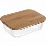 Контейнер стеклянный 600мл Хай-Тек прямоугольный с бамбуковой крышкой