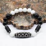 Браслет Дзи "Пять глаз" 10*29мм с агатом черным и белым шарик 10мм, 19см