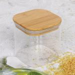 Банка для продуктов стеклянная 600мл "Хай-Тек" с бамбуковой крышкой, квадратная 10*10см