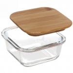 Контейнер стеклянный 300мл "Хай-Тек" квадратный с бамбуковой крышкой