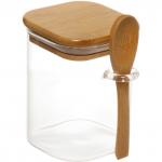 Банка для продуктов стеклянная 450мл "Хай-Тек" с бамбуковой крышкой и ложкой, квадратная 8*10см