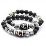 Браслет Дзи "Зеленая тара" агат бочонок 14*22мм с лавой шарик 10мм, 18см