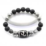 Браслет Дзи "Зеленая тара" агат бочонок 14*22мм с лавой шарик 10мм, 18см